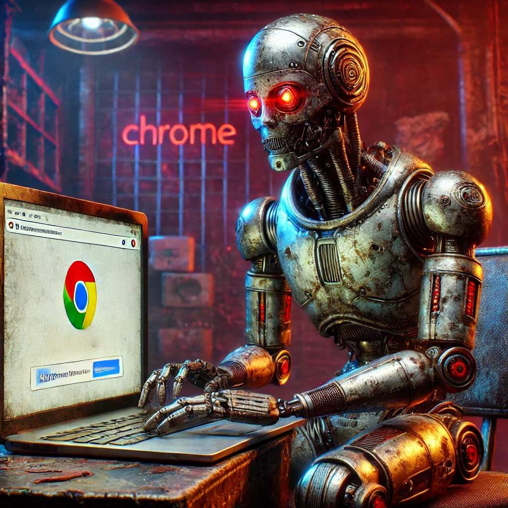 Robot cyberpunk navegando por internet con Chrome